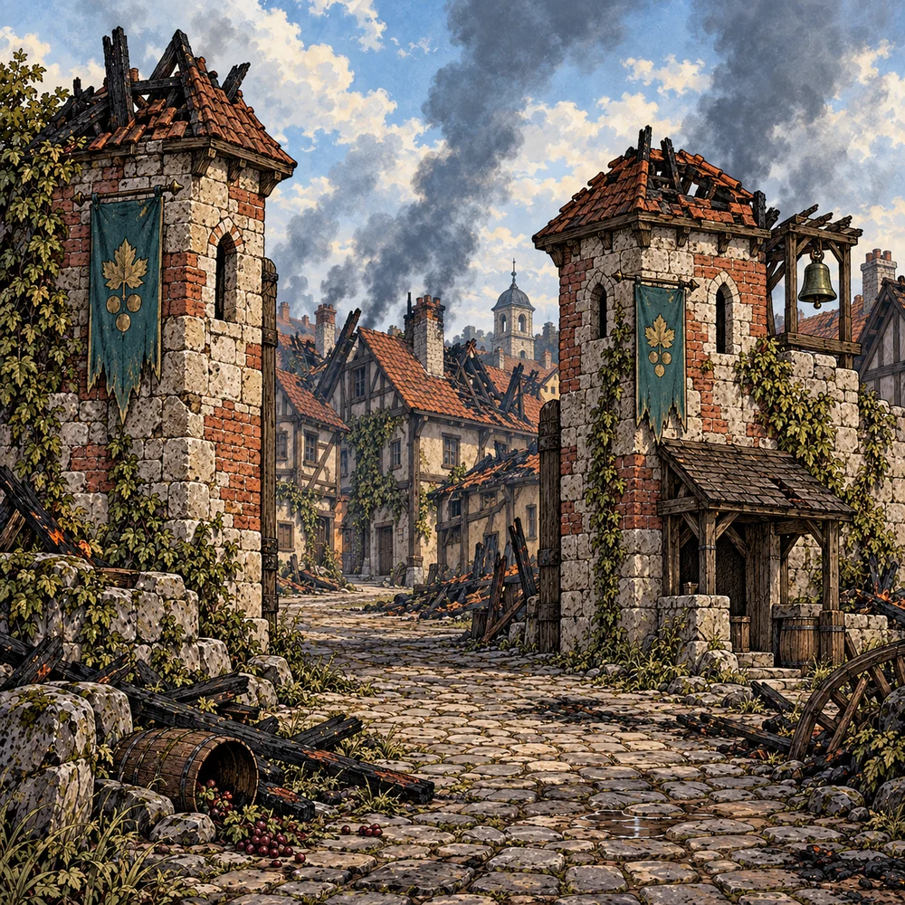 Green banners hang over the scorched gates of a once-grand city.