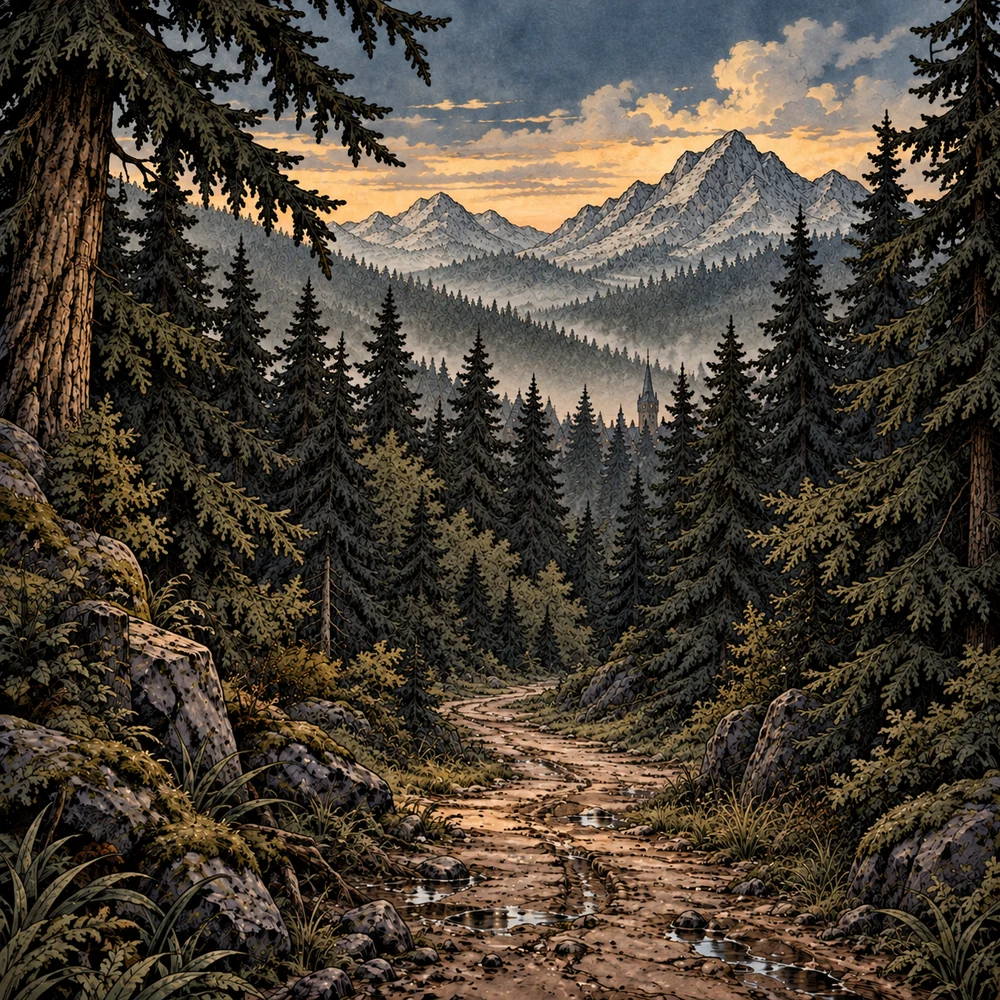 A winding road disappears into a forest beneath an amber sky.