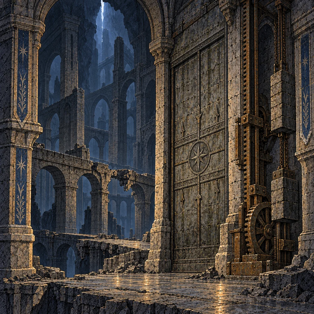Blue light falls through ancient stone arches inside a vast underground passage.